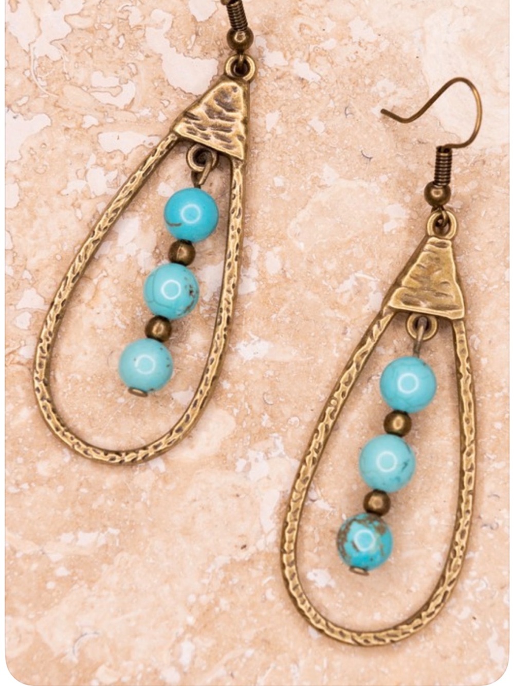 NWT Dylan Jewelry Sherri Turquoise Brassy Tone Dangle Earrings Teardrop Beaded